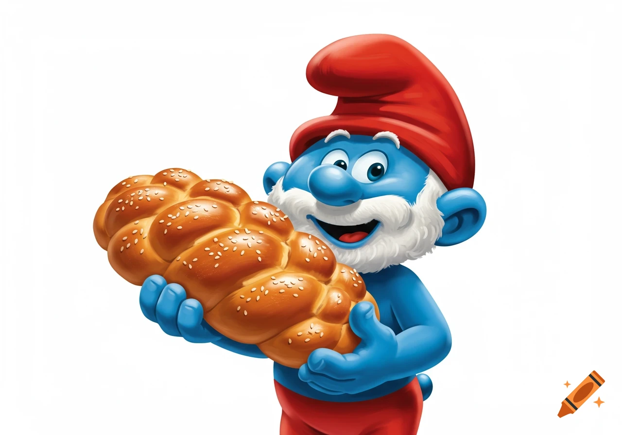 Papa Smurf, a blue cartoon character with a white beard and red hat, holds a large braided challah bread against a white background.