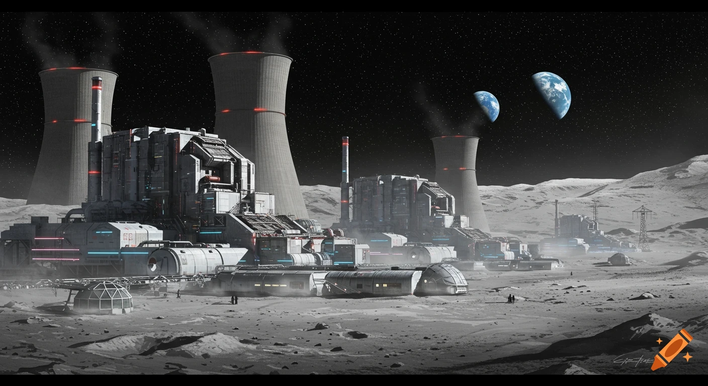 Photorealistic nuclear power plant complex on the moon, with large cooling towers and Earth visible in the dark, starry sky.