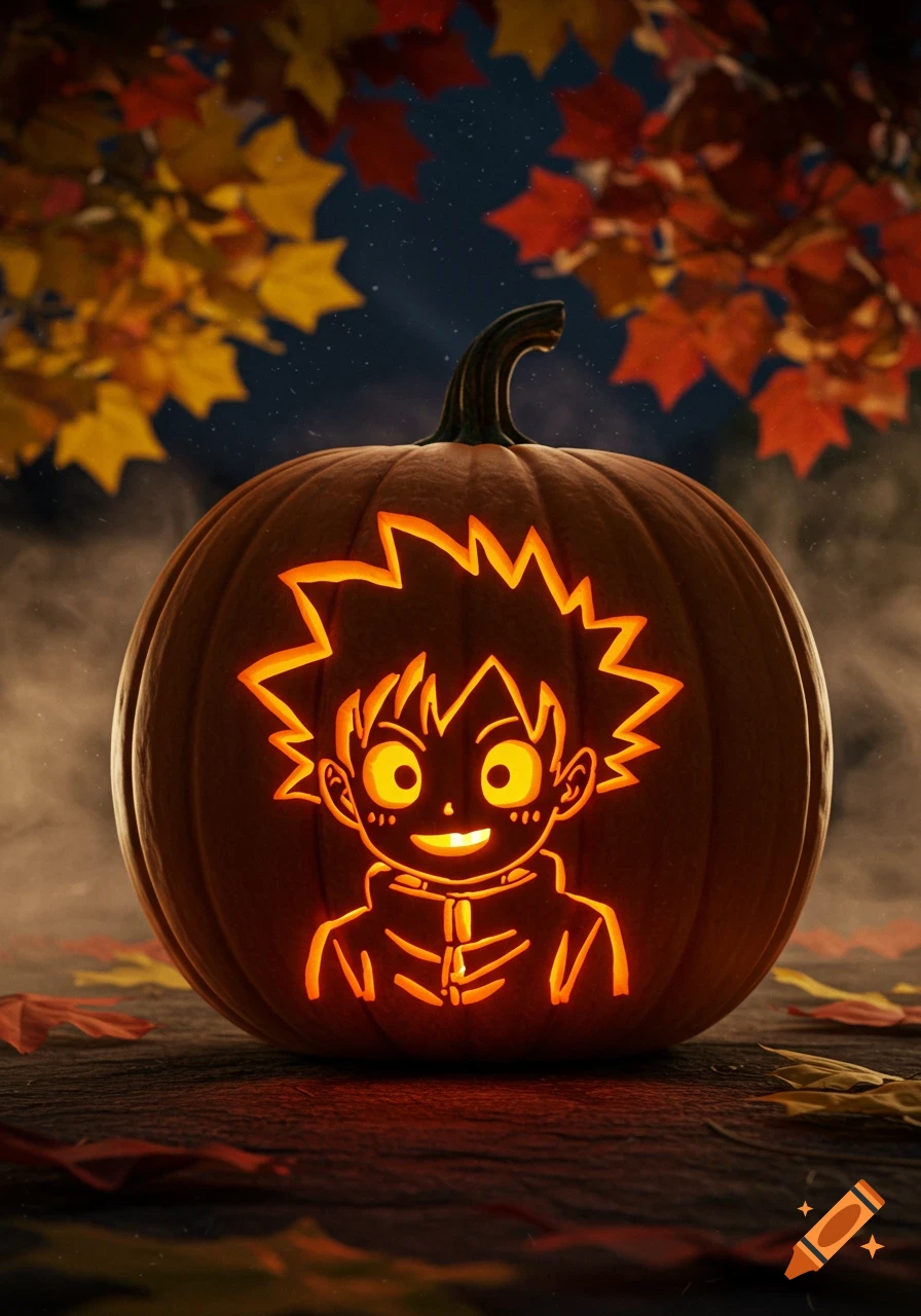A glowing jack-o'-lantern carved with the face of a spiky-haired anime character, set against a dark, foggy autumn night with red and yellow leaves.