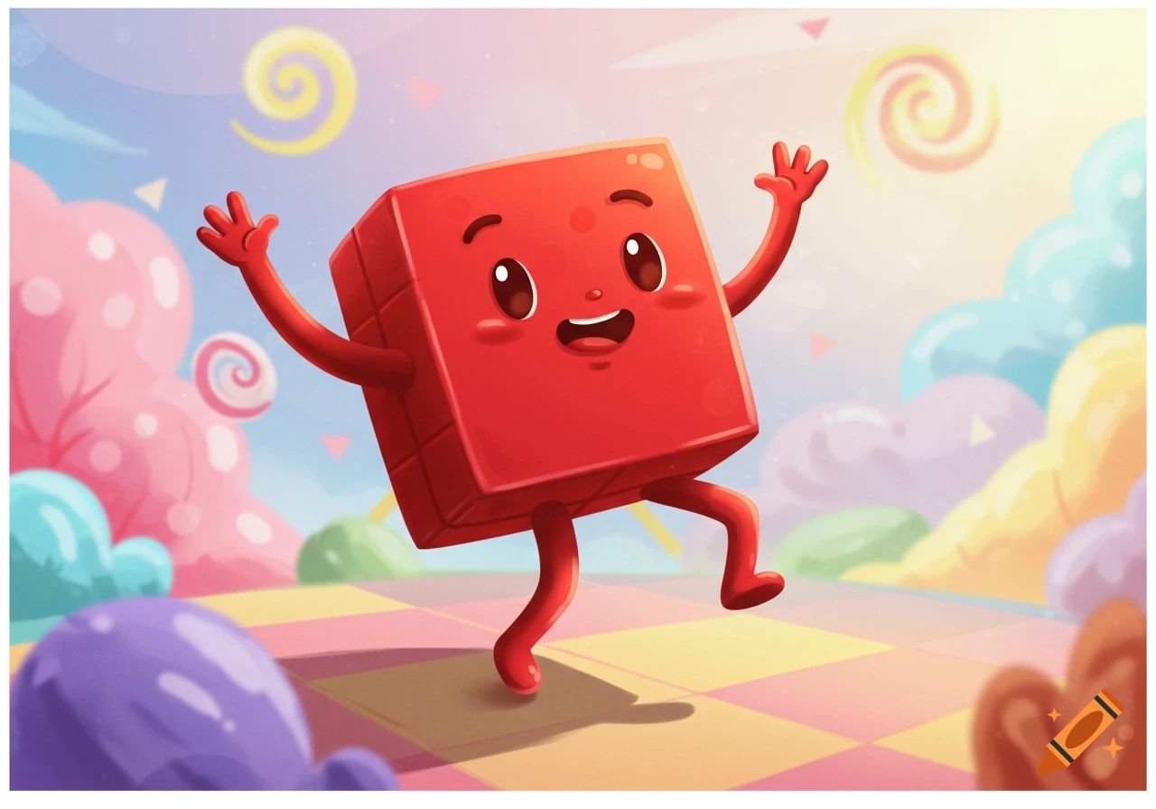 A cheerful, red, cube-shaped cartoon character with arms and legs dances in a whimsical candy land.