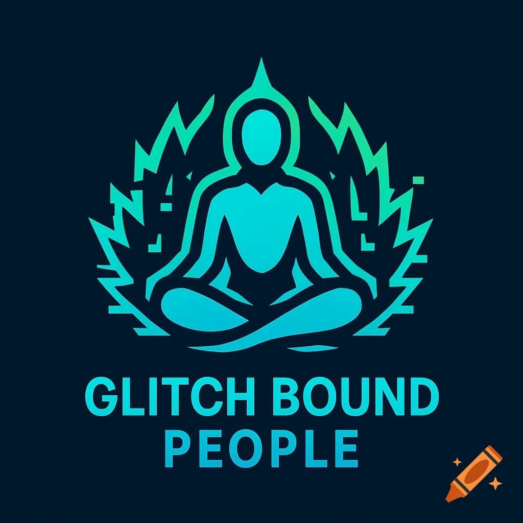 A stylized blue and green logo featuring a meditating figure with surrounding glitch effects, above the text 'GLITCH BOUND PEOPLE'.