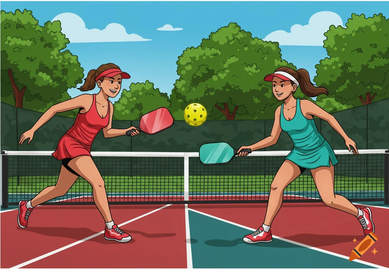 Two women in athletic dresses playing pickleball on a red and teal court in a clipart style.