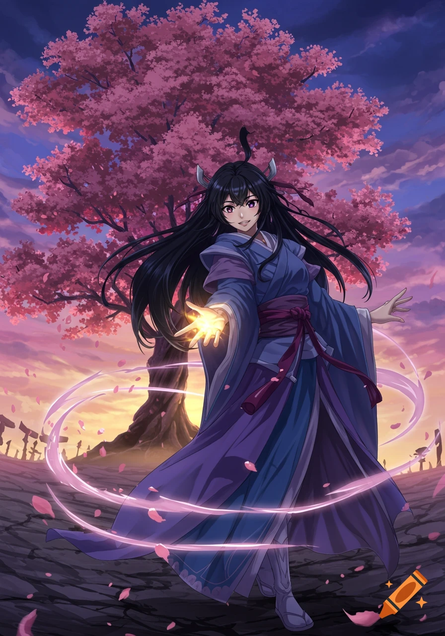 Anime character with horns and purple kimono under a pink cherry blossom tree, casting a glowing spell at sunset.
