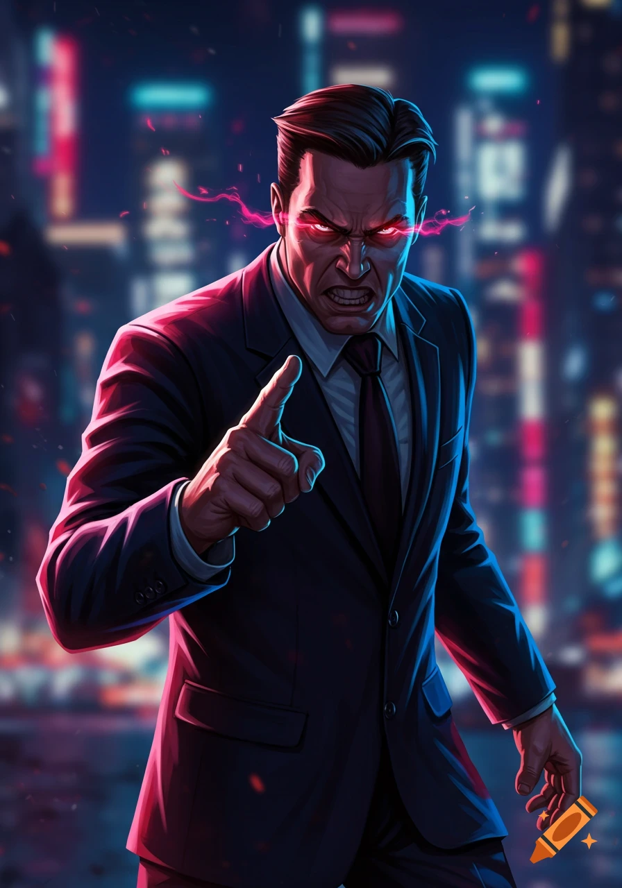 An aggressive male character with glowing red eyes points forward in a comic book style against a neon city background.