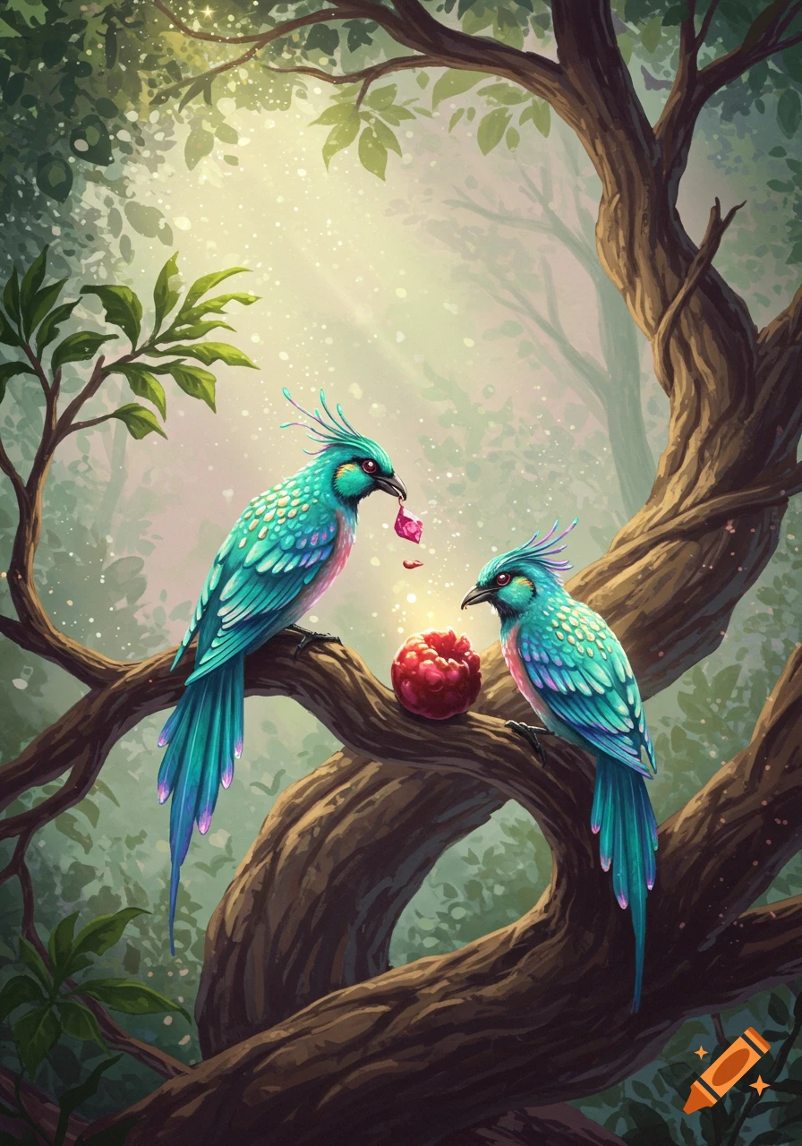 Two vibrant blue and green fantasy birds with crests sit on a tree branch in a sunlit forest, one pecking at a red berry.