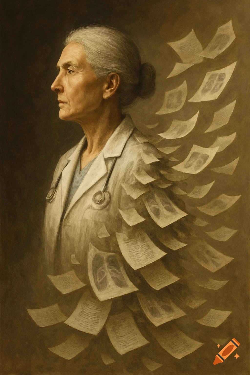 Artistic portrait of a mature doctor in profile, her body dissolving into fluttering pages with faint text and X-ray shadows, in sepia tones.