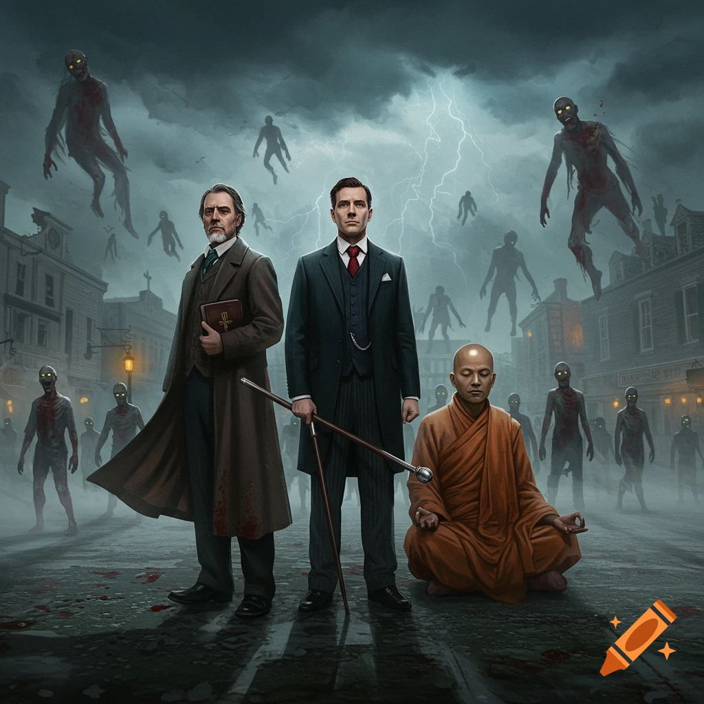 Three men stand and sit on a stormy city street, surrounded by hordes of menacing zombies, some floating in the sky. Dark, dramatic, photorealistic style.