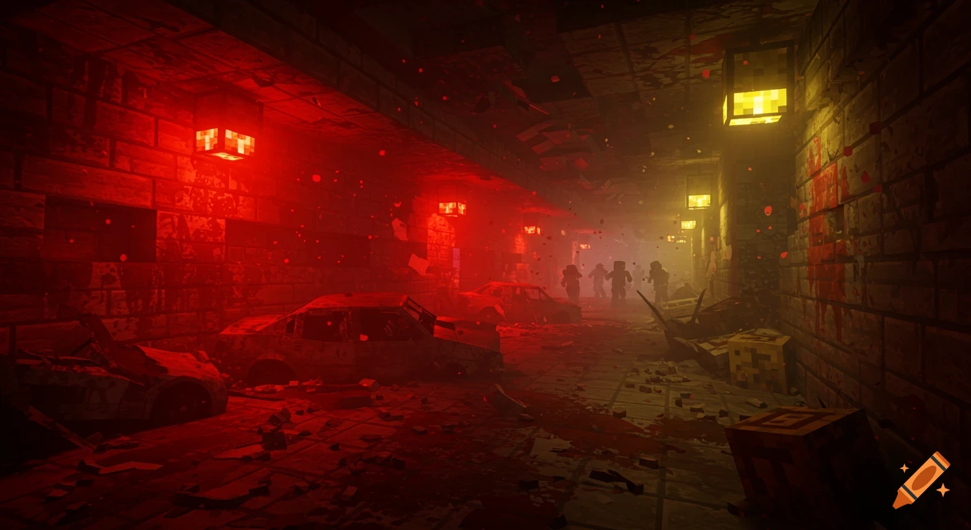 A dark, red-lit Minecraft-style tunnel with broken cars, debris, blood stains, and blocky zombie figures in the fog.