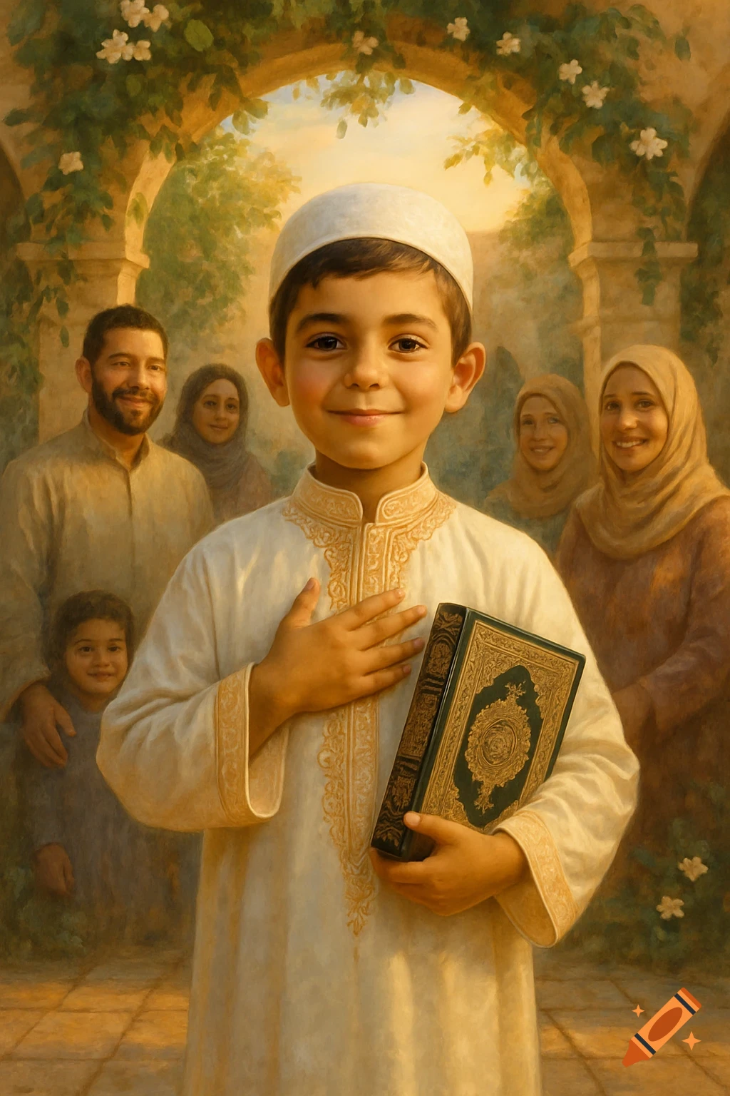 A young boy in a white robe and cap, holding a book, smiles while standing in front of his family in an ornate archway. Painterly style.