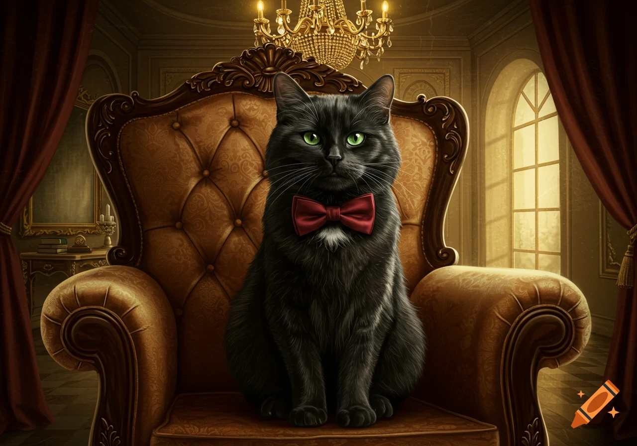 A distinguished black cat with bright green eyes and a red bowtie sits regally on a golden ornate armchair in a luxurious, dimly lit room.