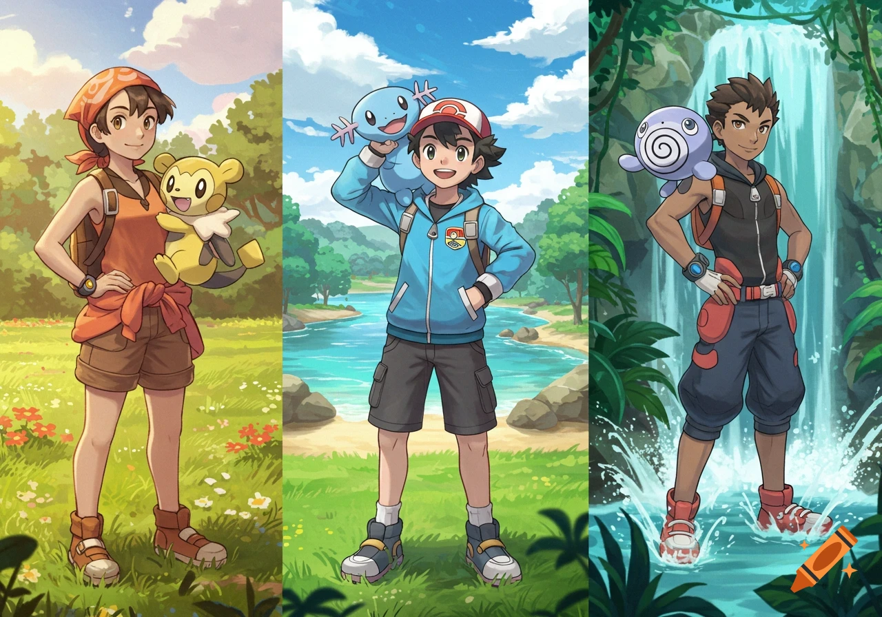 Three unique Pokemon trainers, one with a Budew, one with a Wooper, and one with a Poliwag, in lush outdoor landscapes.