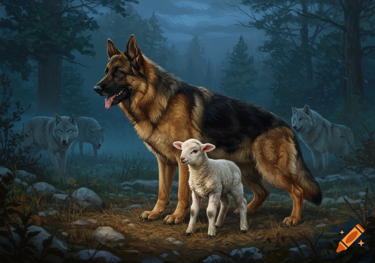 A German Shepherd protects a lamb from two wolves in a dark, misty forest.