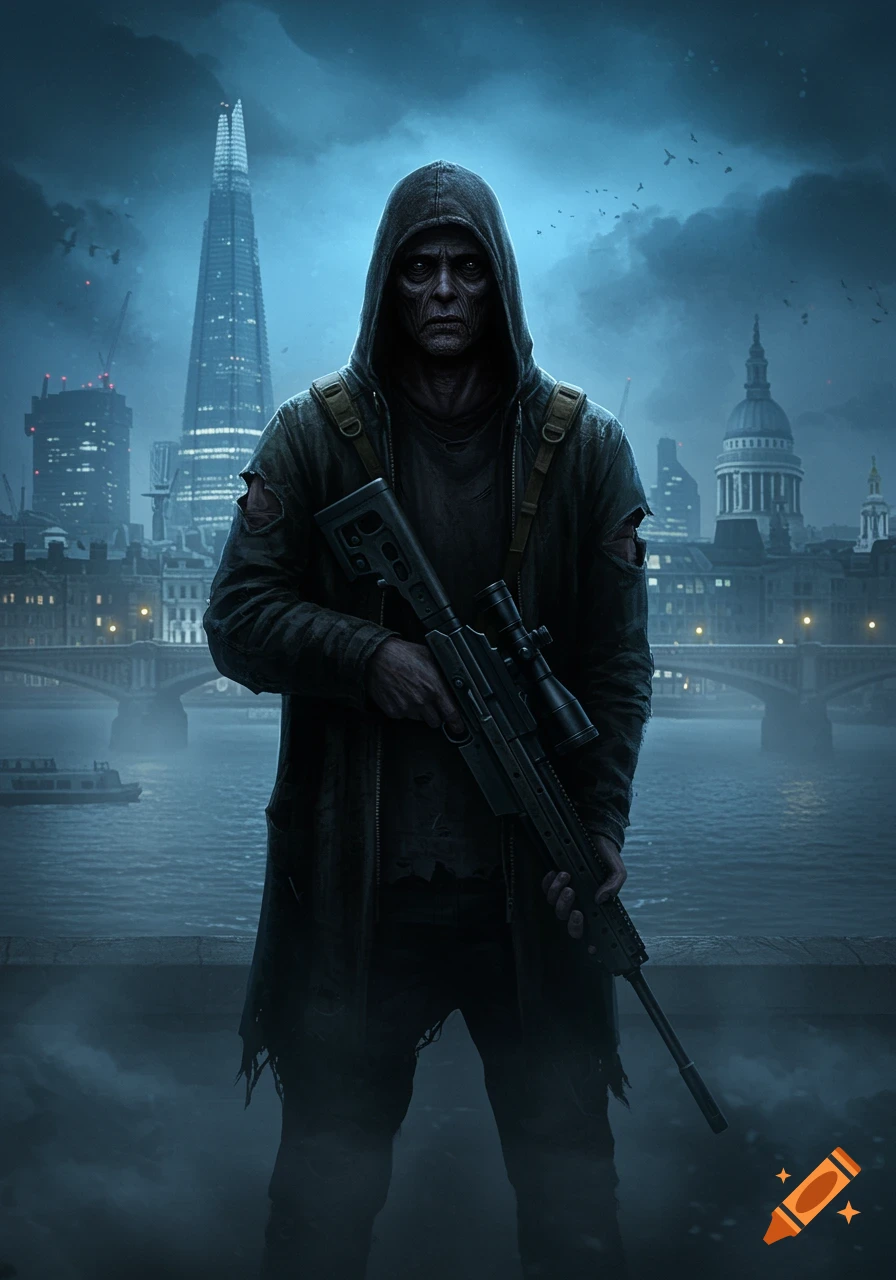 A gaunt hooded figure in a long coat holds a sniper rifle against a dark, gloomy London skyline at night.