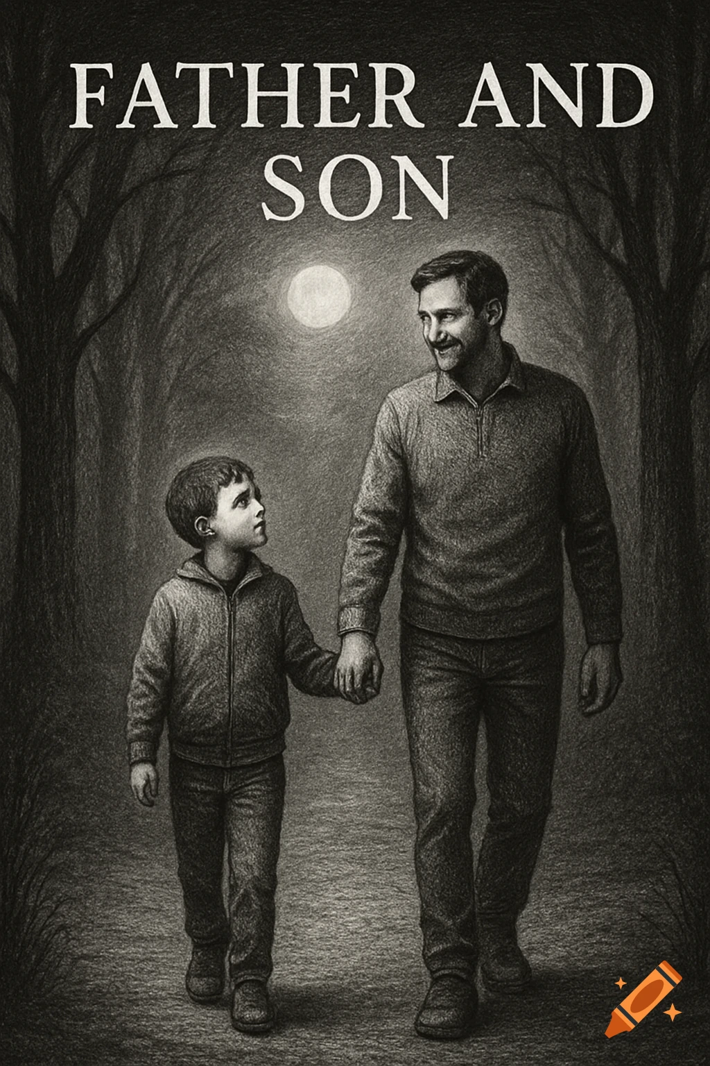 A black and white sketch depicts a father and son holding hands, walking on a moonlit path through a dark forest. The title "FATHER AND SON" is at the top.