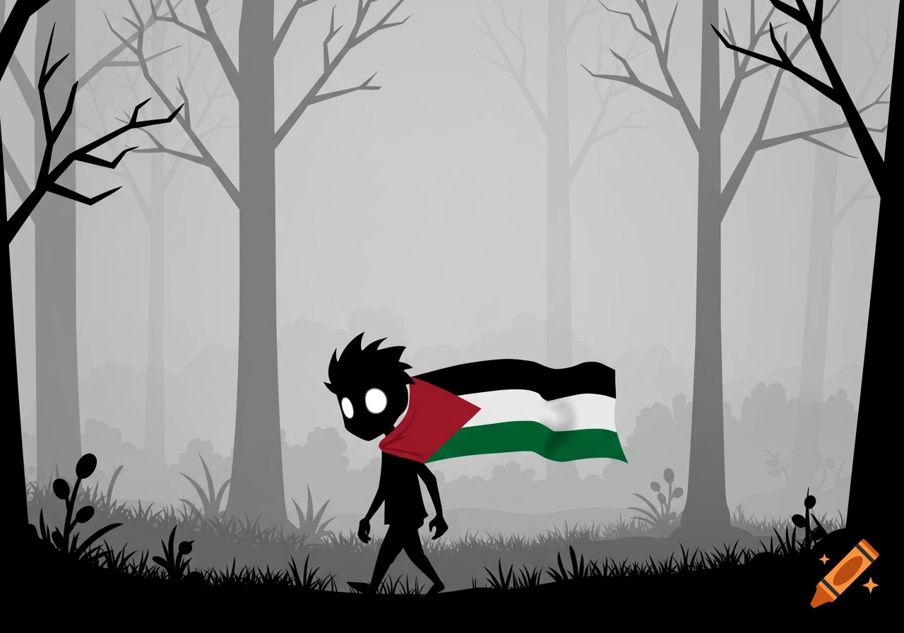 A silhouette of a boy with glowing white eyes walks through a foggy, minimalist forest, a colorful Palestinian flag draped like a cape.