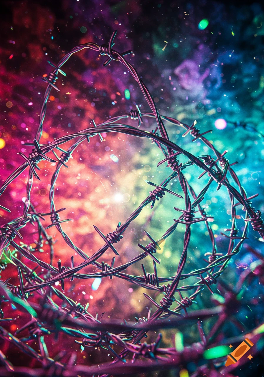 Tangled barbed wire against a vibrant, sparkling, psychedelic background of pink, purple, and blue.