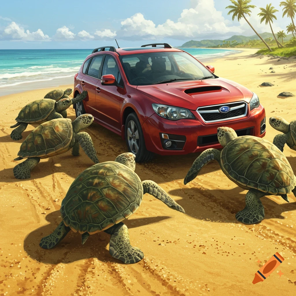 Several sea turtles surround a red Subaru car on a sunny beach with the ocean and palm trees, photorealistic.