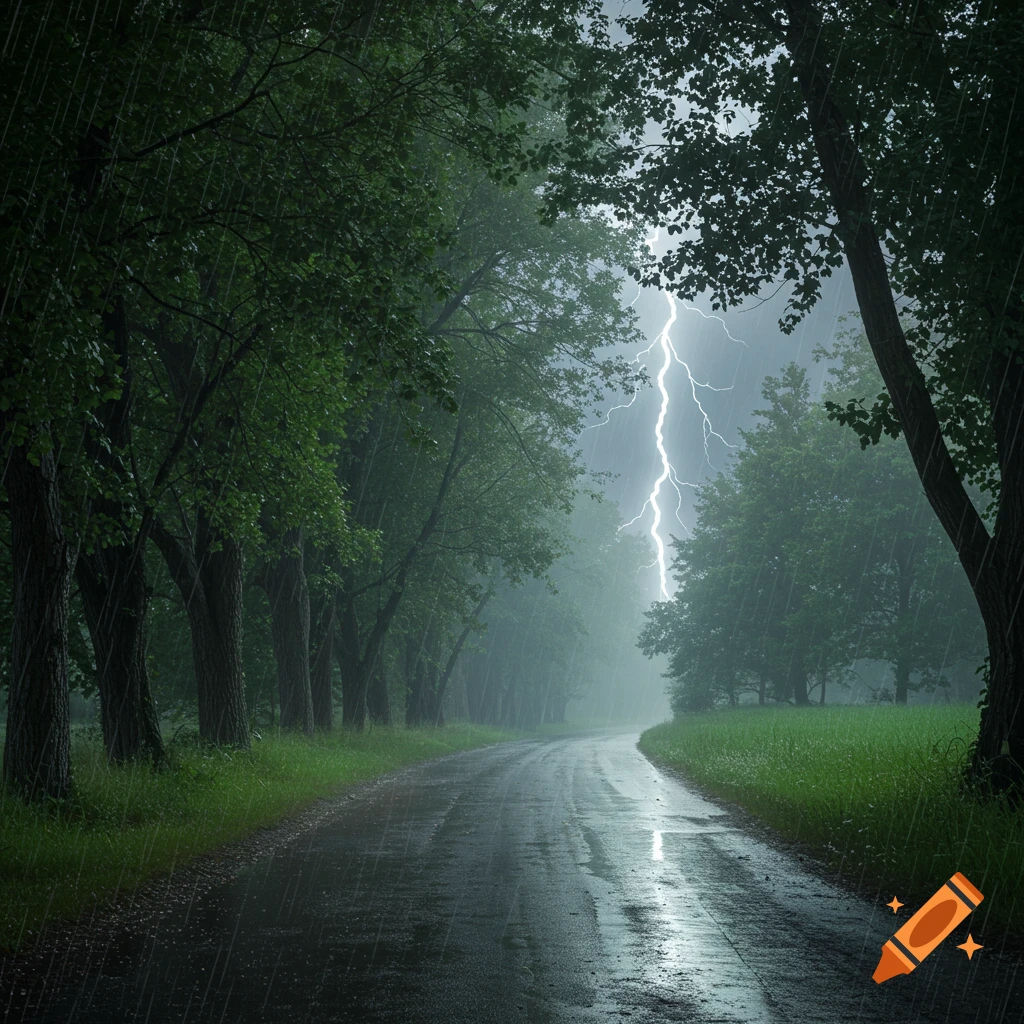 A country road winds through a dark forest during a heavy rainstorm with a bright lightning bolt striking in the distance.