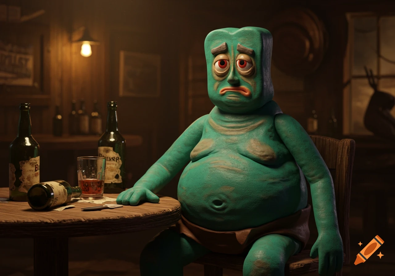 An old, sad, obese green claymation character resembling Gumby sits at a dark wooden bar table with empty and full beer bottles and a glass of red liquid.
