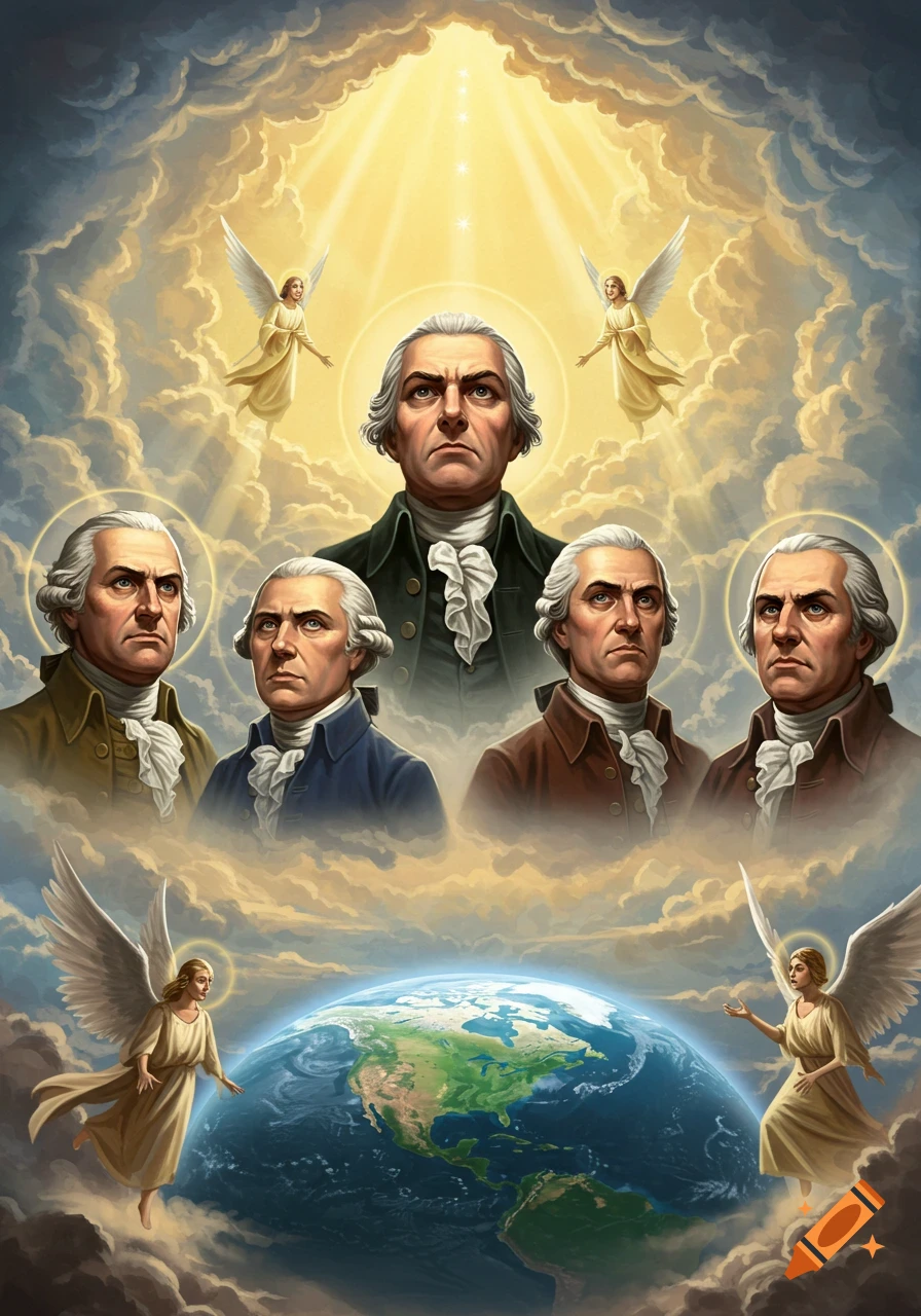 Angry Founding Fathers with halos look down from a heavenly cloudscape with angels and shining light onto Earth.