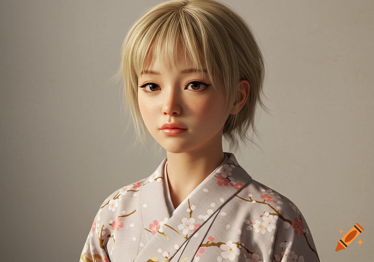 A hyperrealistic digital art portrait of a young woman with short blonde hair and large eyes, wearing a floral kimono.