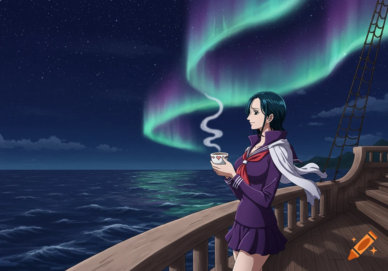Anime illustration of Nico Robin from One Piece on a ship's deck, holding coffee, looking at an aurora over the ocean at night.