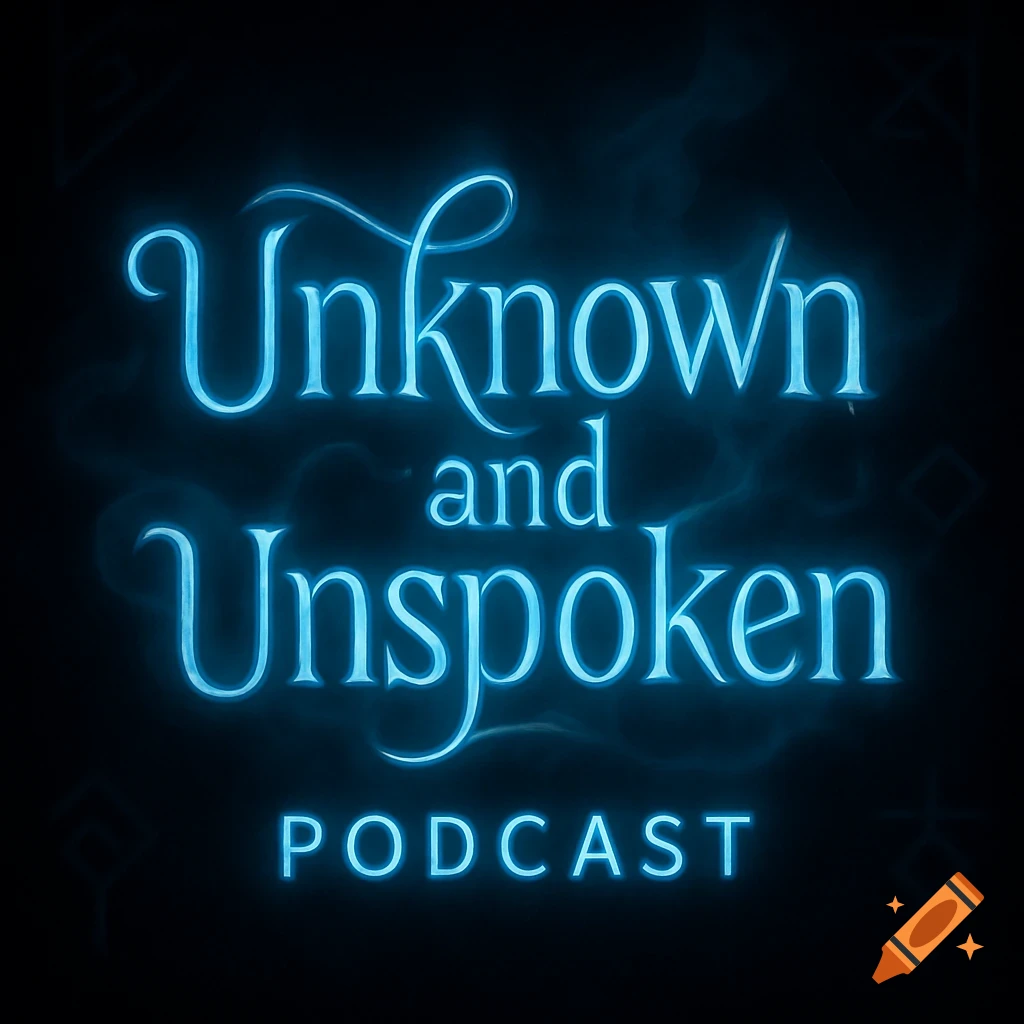 Neon blue logo for 'Unknown and Unspoken Podcast' on a dark background.