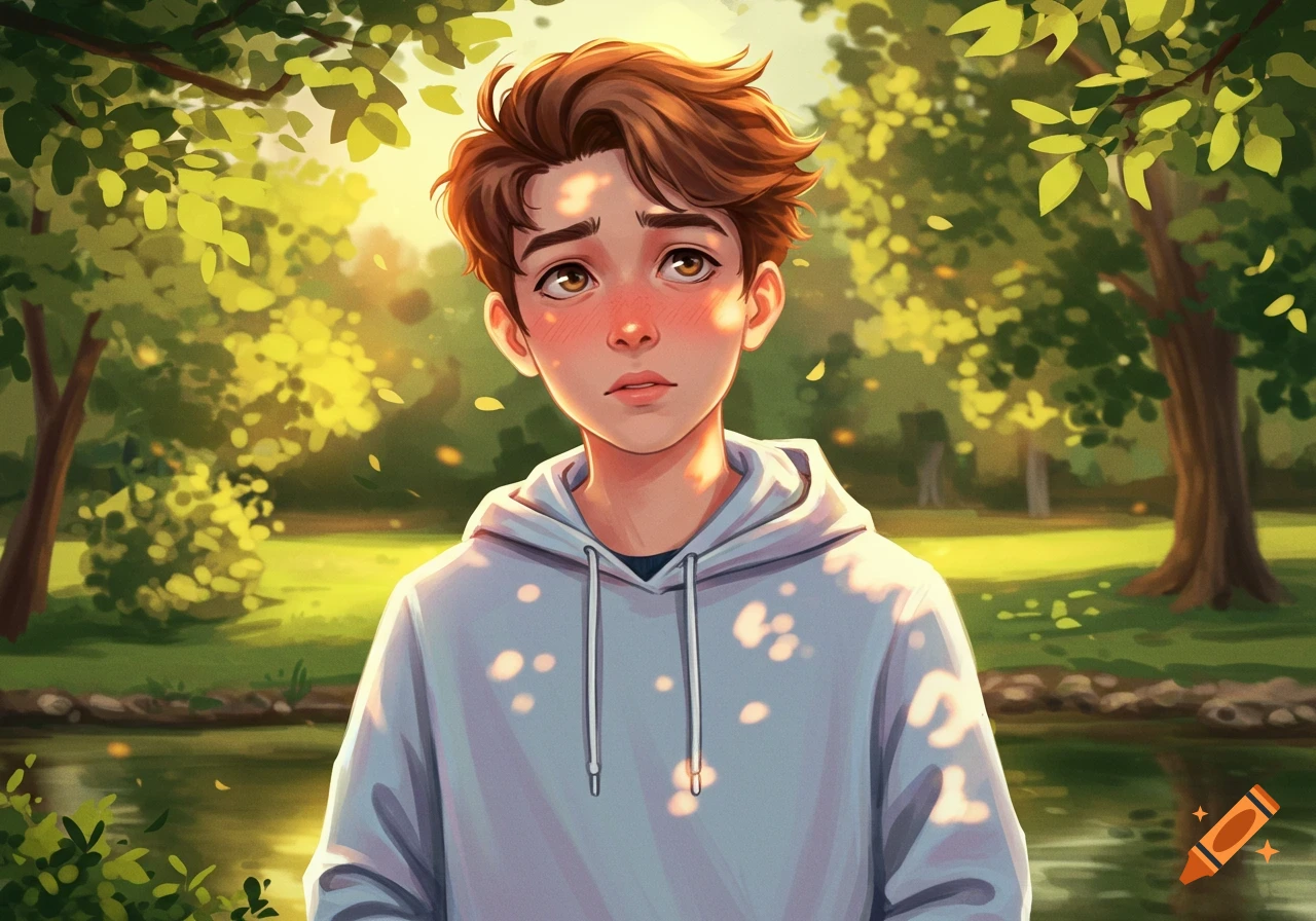 An anime-style illustration of a shy young boy with flushed cheeks, wearing a light blue hoodie, standing in a sunny park.