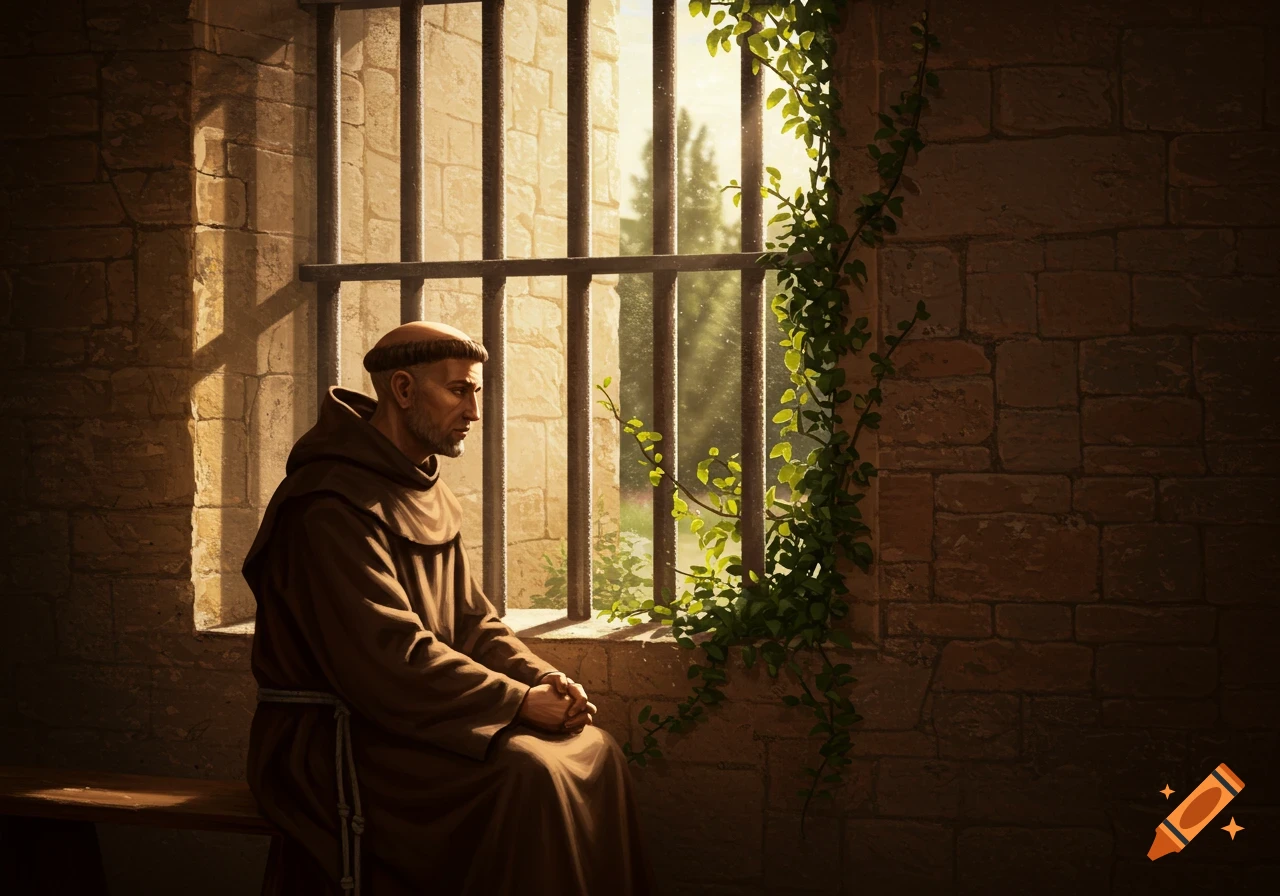 A solemn Franciscan monk sits on a bench in a stone cell, looking out a barred window with light filtering through ivy.