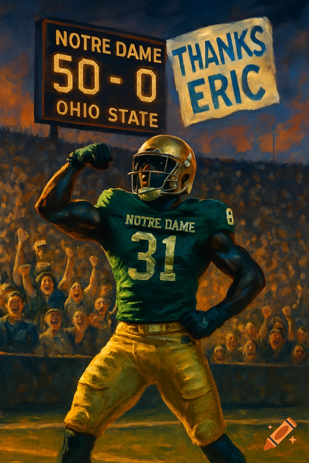 An oil painting of a football player in a Notre Dame uniform flexing on a field with a 50-0 scoreboard and a 'Thanks Eric' sign in the background.