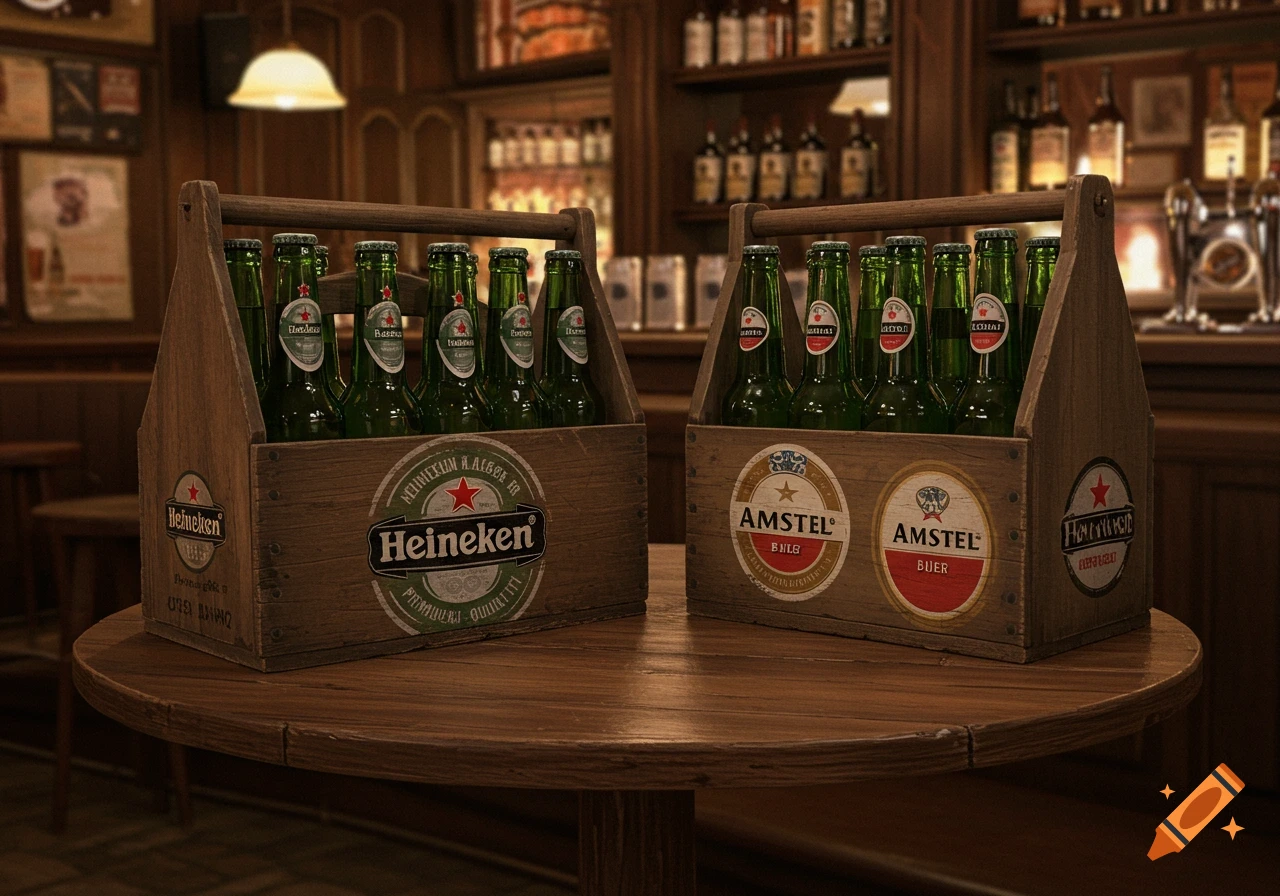 Two wooden crates filled with Heineken and Amstel beer bottles sit on a wooden table in an old-fashioned bar.