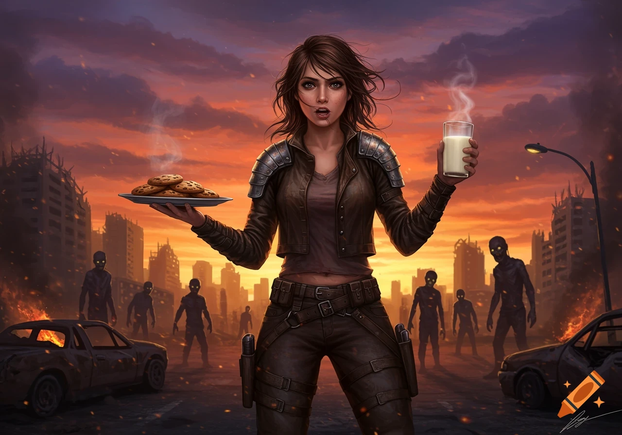 A determined woman in a post-apocalyptic city holds a plate of cookies and a glass of milk, surrounded by zombies and burning ruins at sunset.