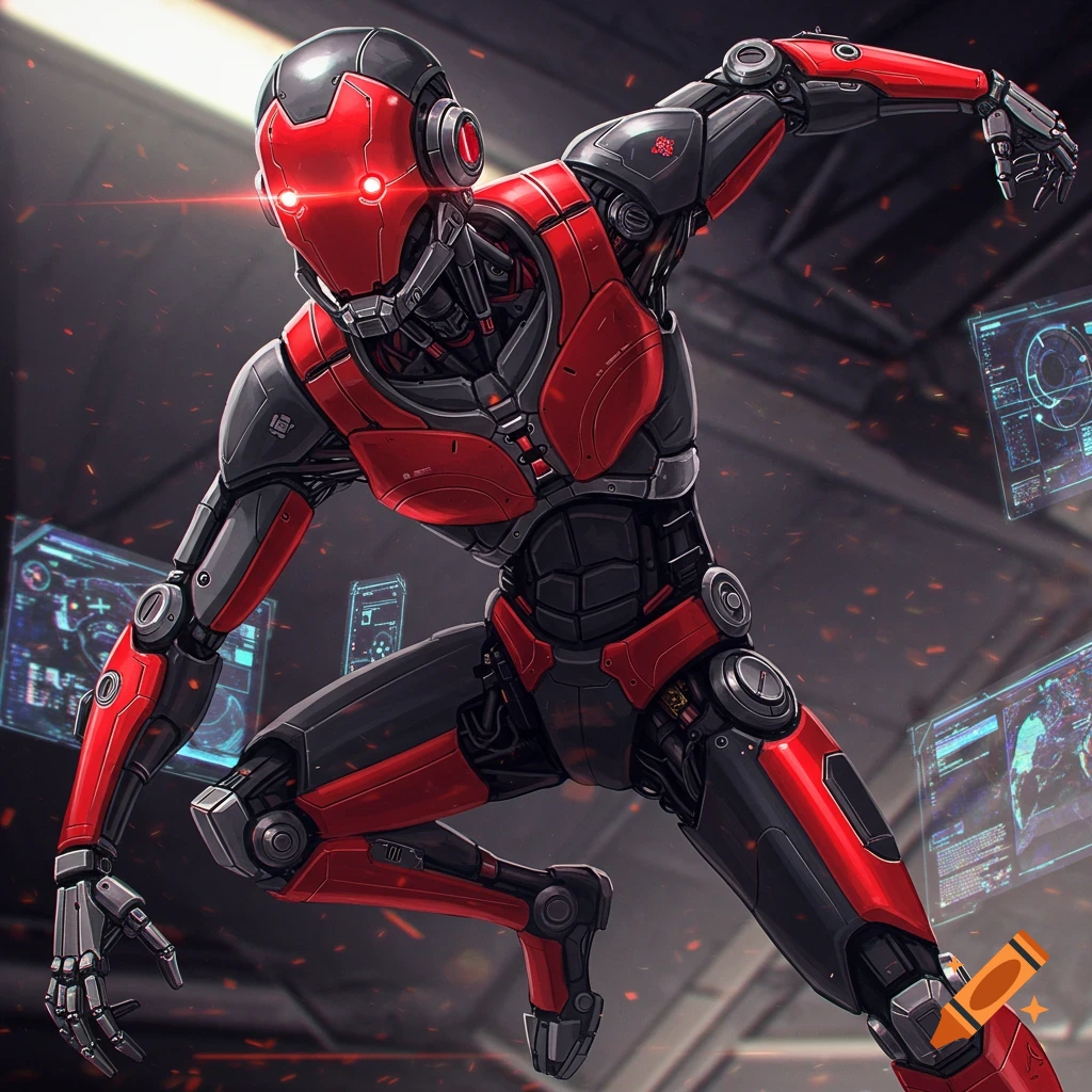 A red and black robotic figure with glowing red eyes in a dynamic pose, surrounded by futuristic holographic displays.