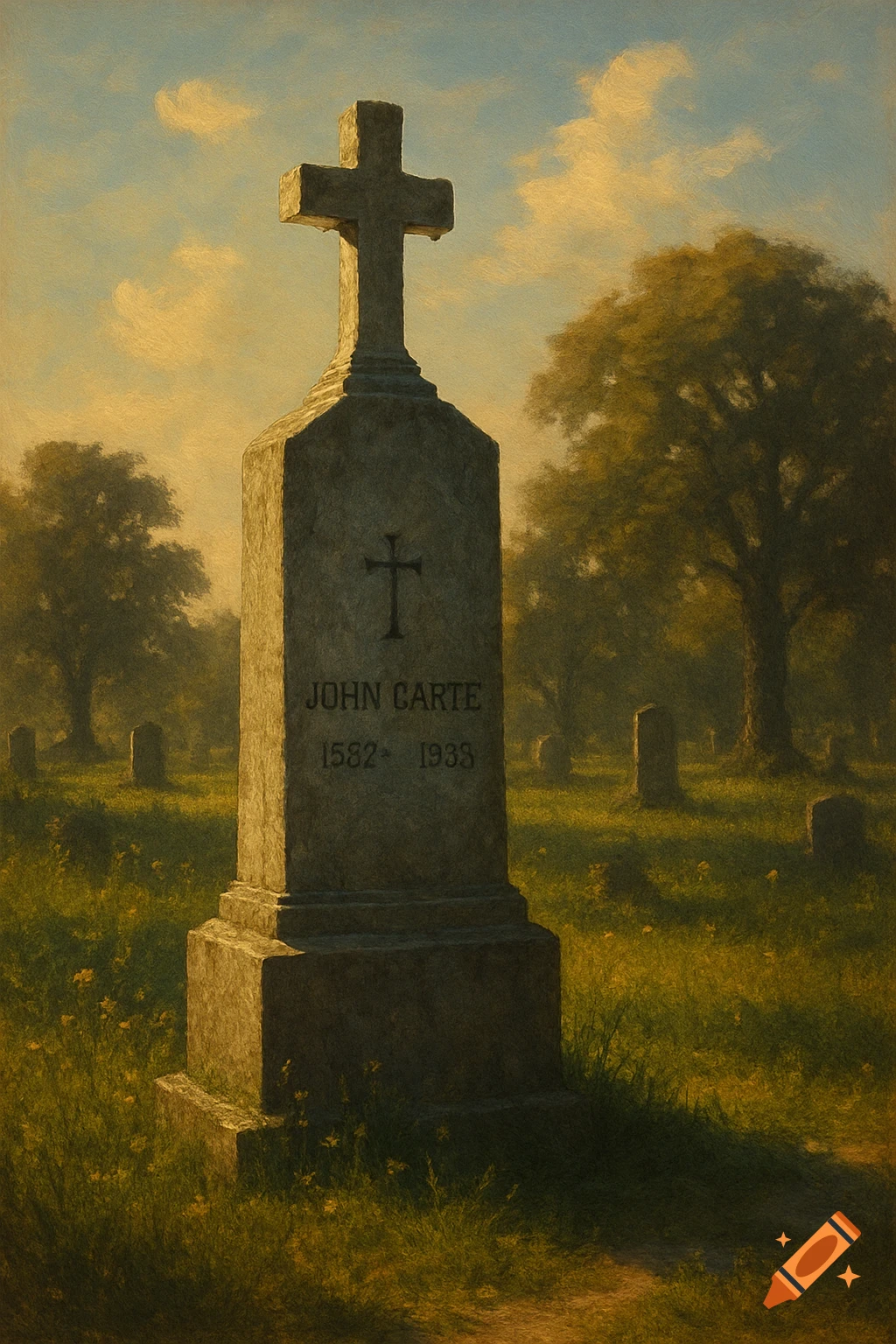 Tall granite tombstone with a cross in a sunlit, grassy cemetery with trees, rendered in a painterly style.