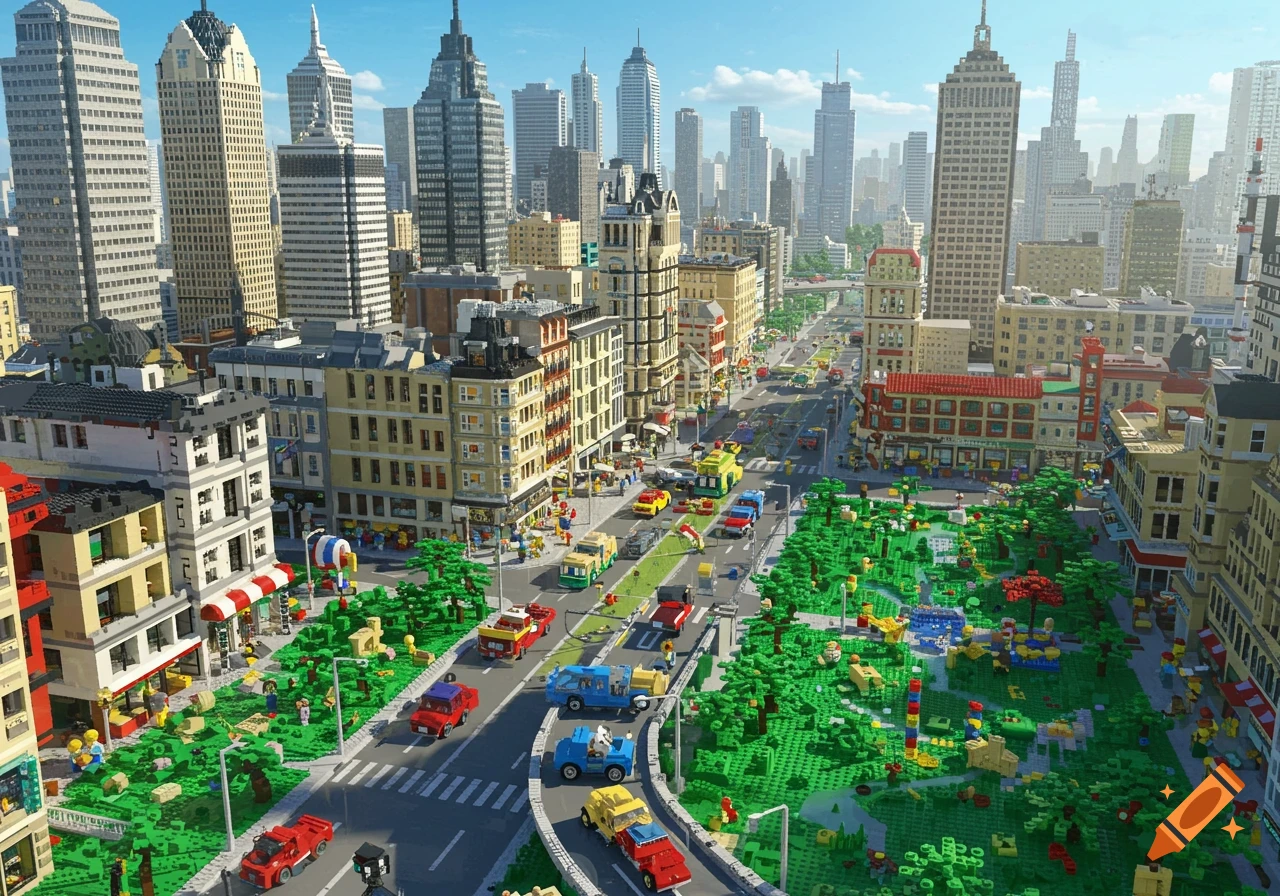 An aerial view of a sprawling, vibrant city entirely constructed from LEGO bricks, featuring skyscrapers, streets with cars, parks, and minifigures.