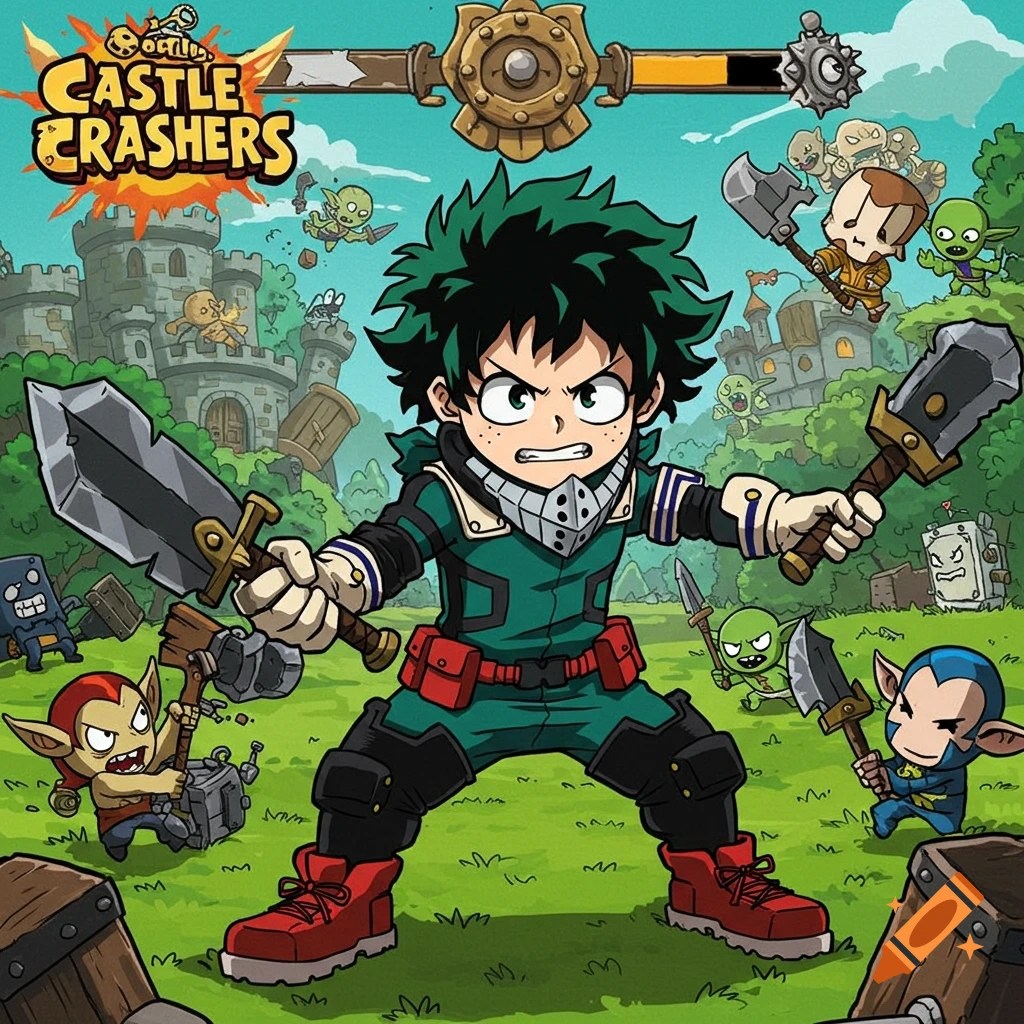 Deku from My Hero Academia in Castle Crashers style, wielding a sword and club, standing before a castle and cartoon enemies.