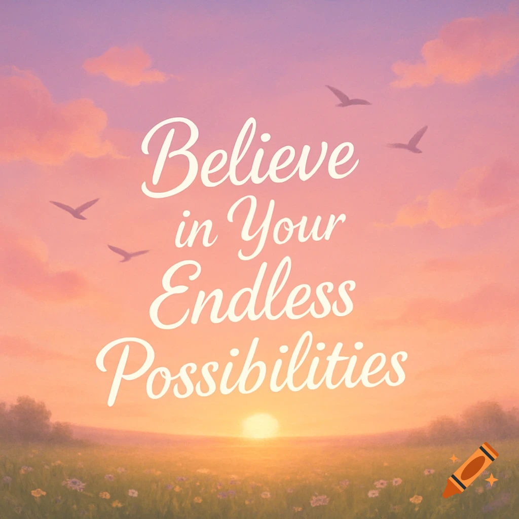 A serene pastel-colored sunset over a field with wildflowers, featuring birds in the sky and the quote 'Believe in Your Endless Possibilities'.