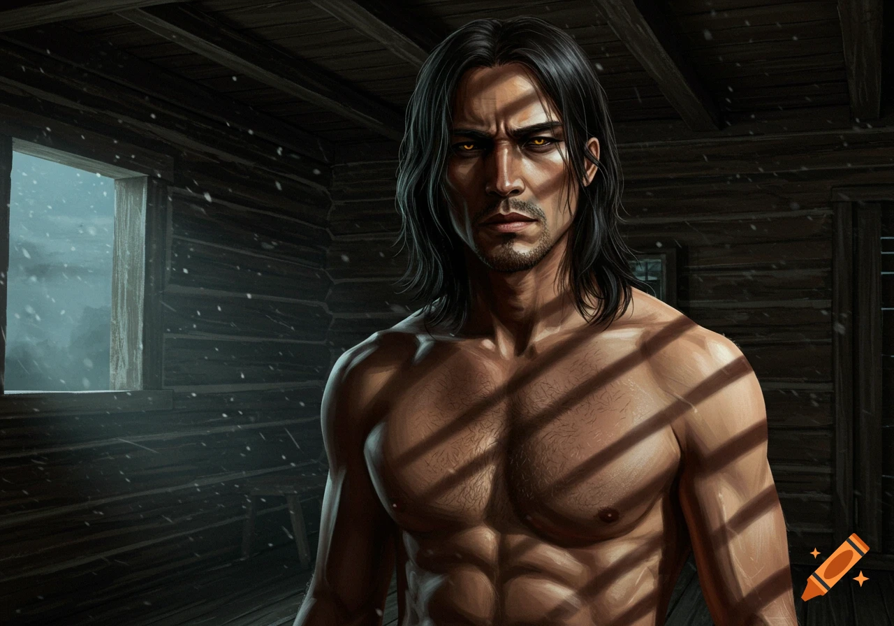 A bare-chested man with long dark hair and piercing yellow eyes stands in a rustic wooden cabin, with snow falling outside a window.