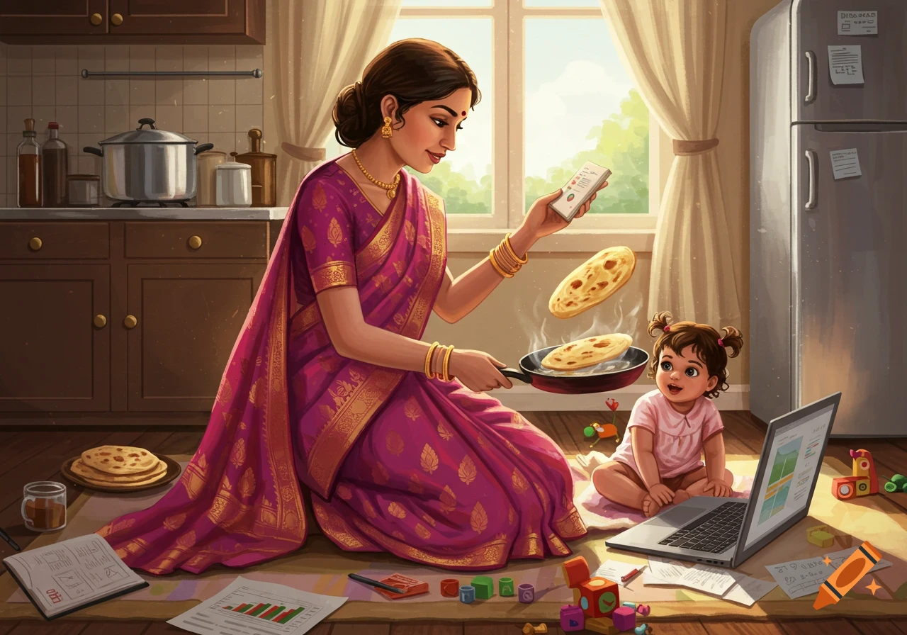 An Indian mother in a vibrant pink sari cooks roti on the floor while looking at her phone, with her toddler playing by a laptop nearby in a sunlit kitchen.