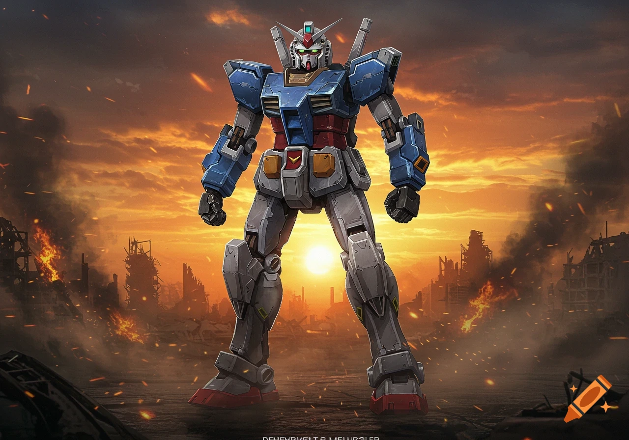 A large blue and grey mech stands amidst a fiery, ruined city at sunset, in a sci-fi art style.
