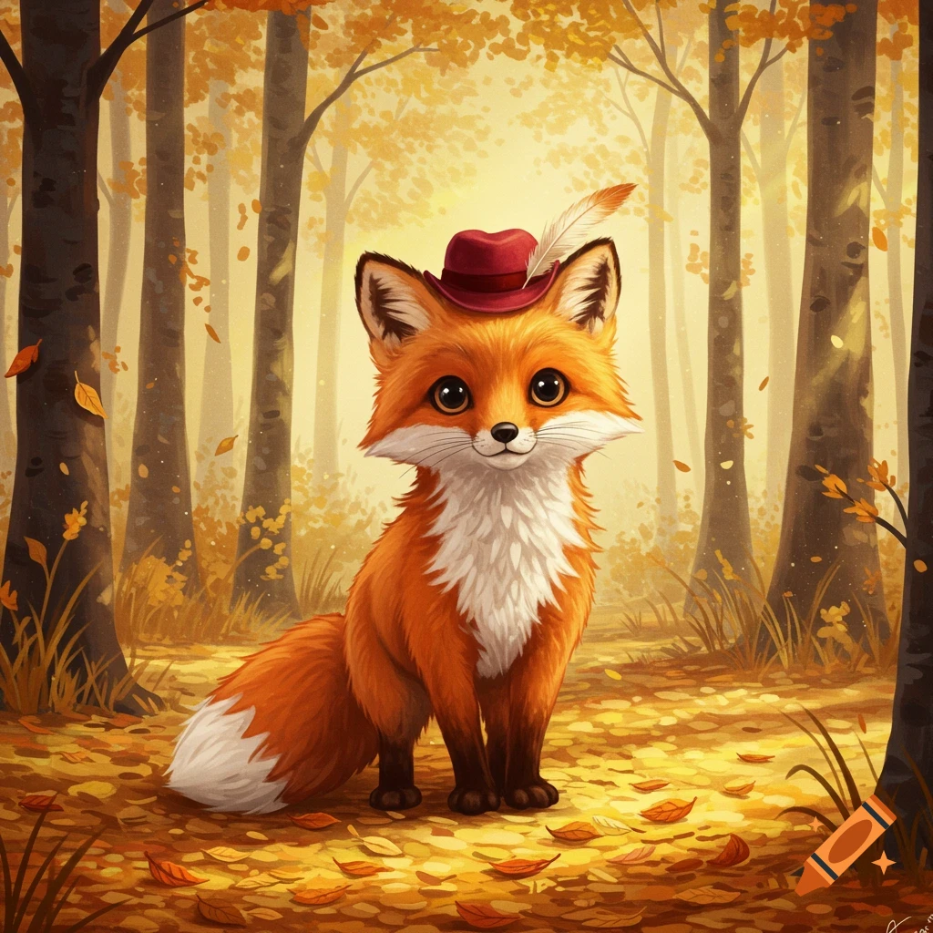 A cute, cartoon-style fox wearing a red hat with a feather sits among fallen golden leaves in an autumn forest.