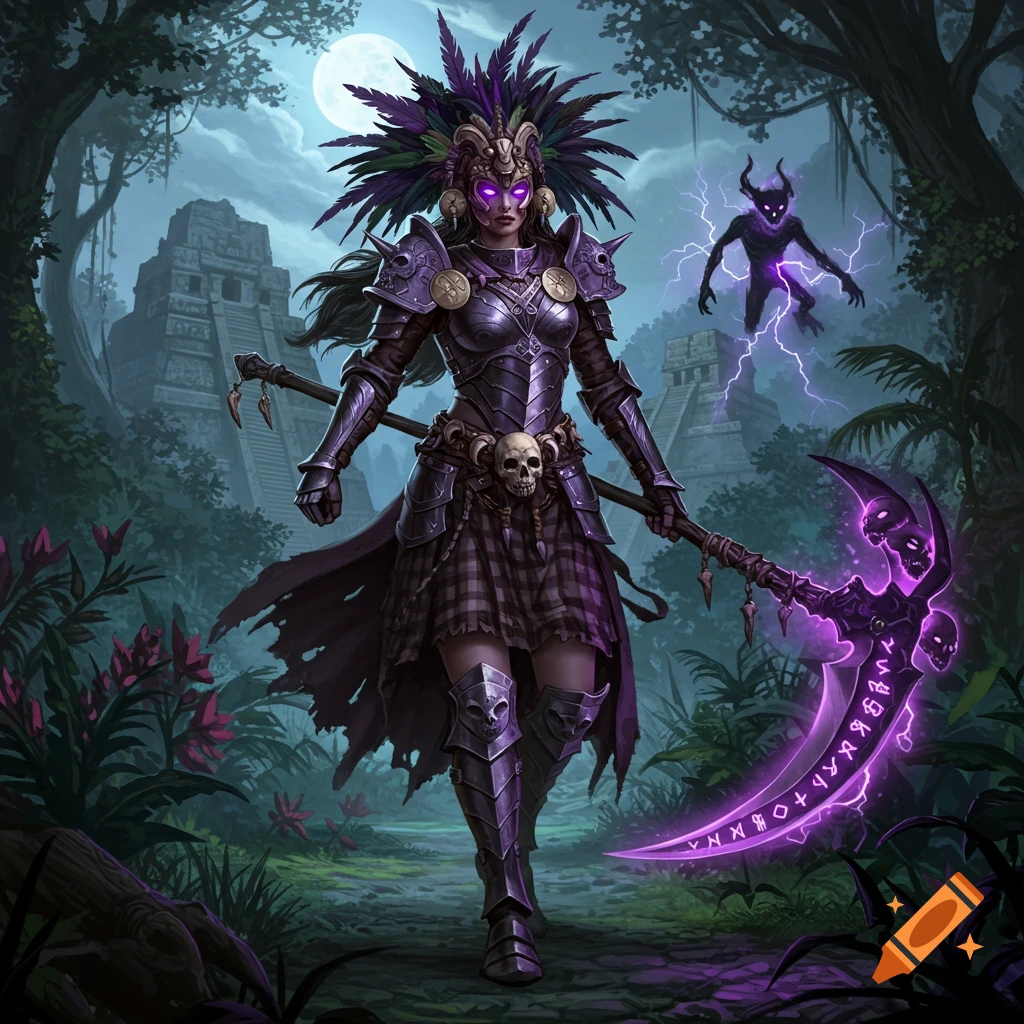 Armored female warrior in Aztec/Mayan inspired armor with a feathered headdress and glowing purple eyes, wielding an enchanted purple scythe in a jungle with ancient temples and a shadowy spirit.