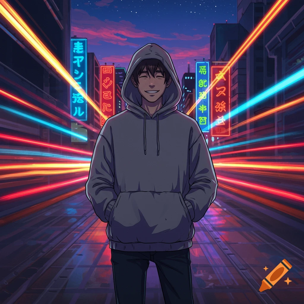 Anime-style person in a grey hoodie, hands in pockets, standing on a city street at night with neon signs and colorful light trails.