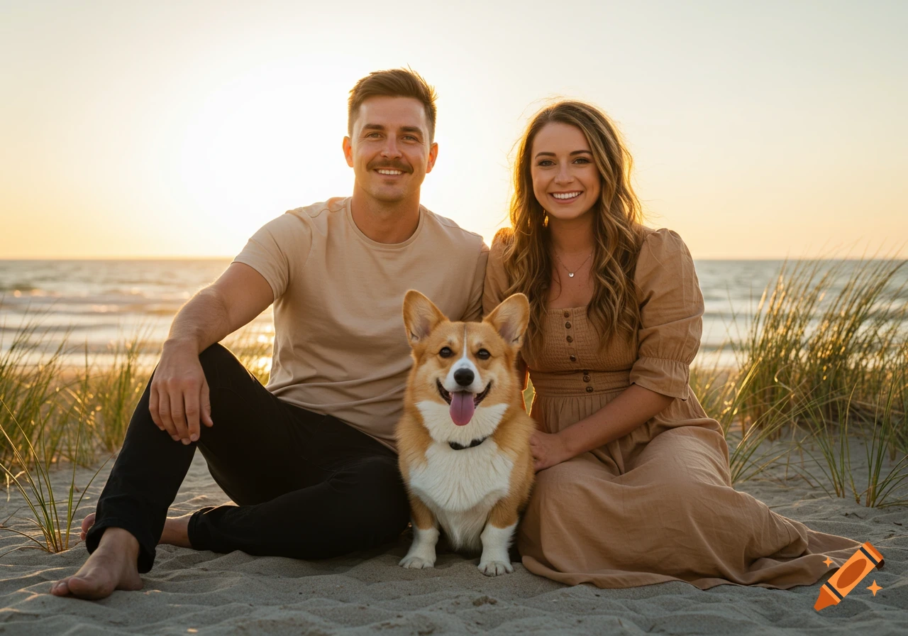 A man, woman, and Corgi dog sit smiling on a sandy beach at sunset, with ocean waves in the background.