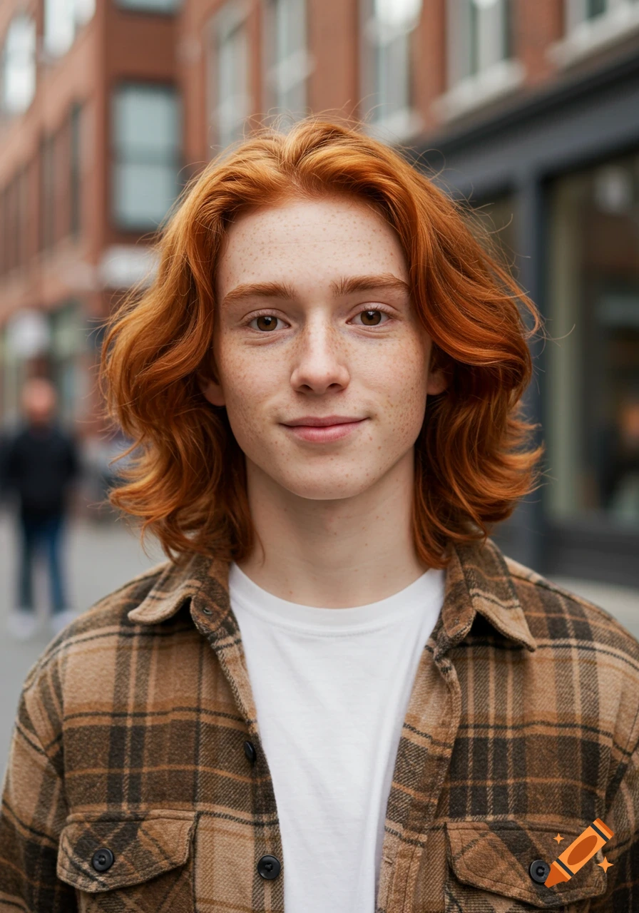 Close-up portrait of a smiling young man with long, wavy red hair and freckles, wearing a brown plaid shirt over a white t-shirt, standing outdoors.