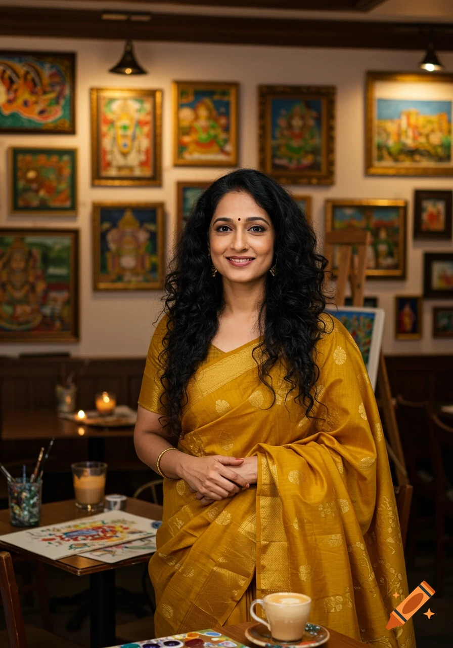 A smiling South Indian woman with curly black hair in a golden sari stands in an art cafe with paintings on the walls.