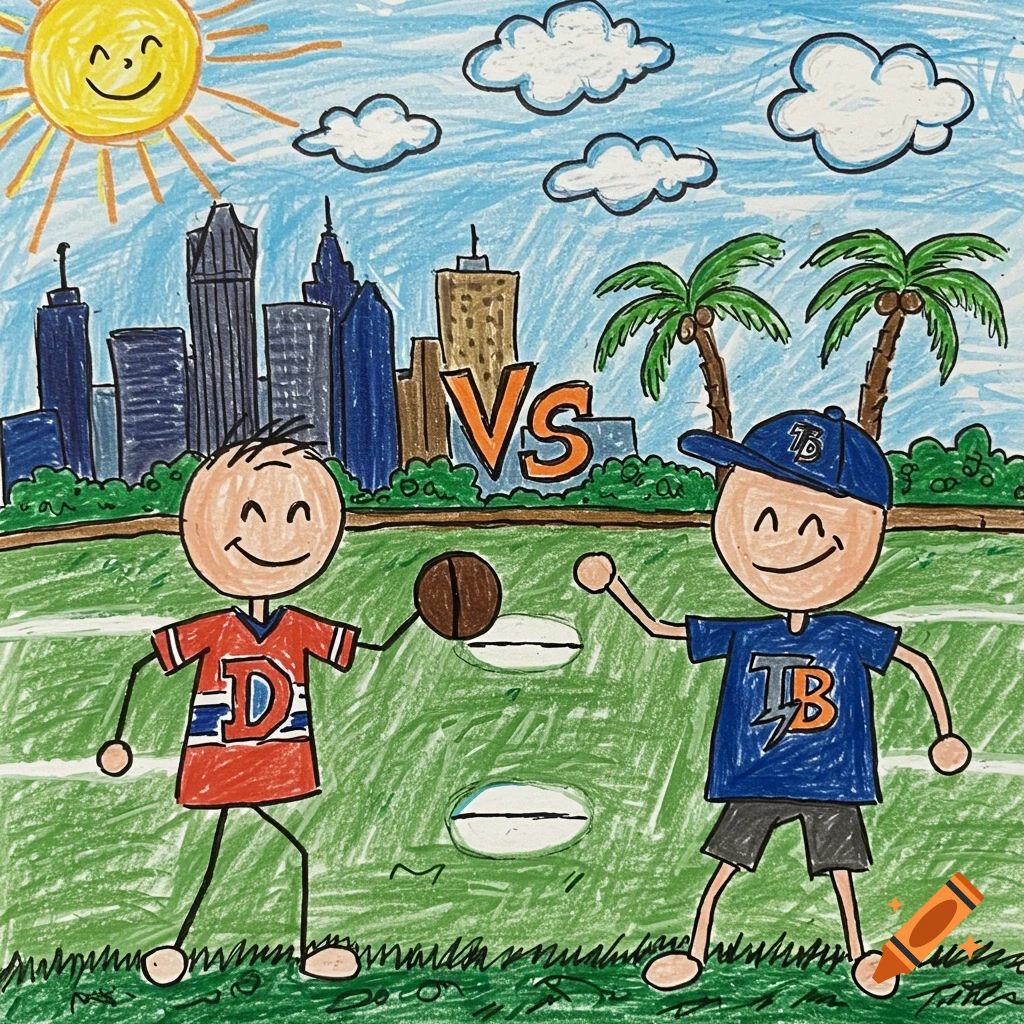 A colorful child's drawing of a football game. Two stick figures, one in red with 'D', one in blue with 'TB', face off on a field with city skylines and palm trees.
