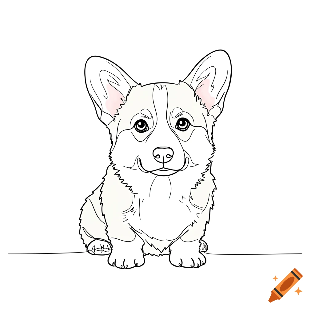 Minimalist line art illustration of a cute corgi puppy sitting on a white background.