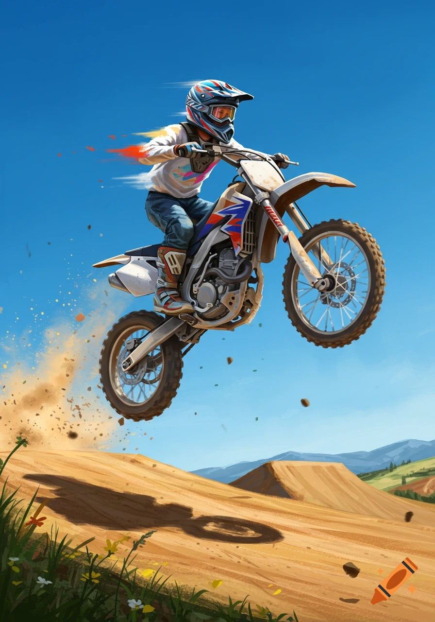 An illustrated boy on a dirt bike jumps over a sandy mound under a clear blue sky, kicking up dirt.