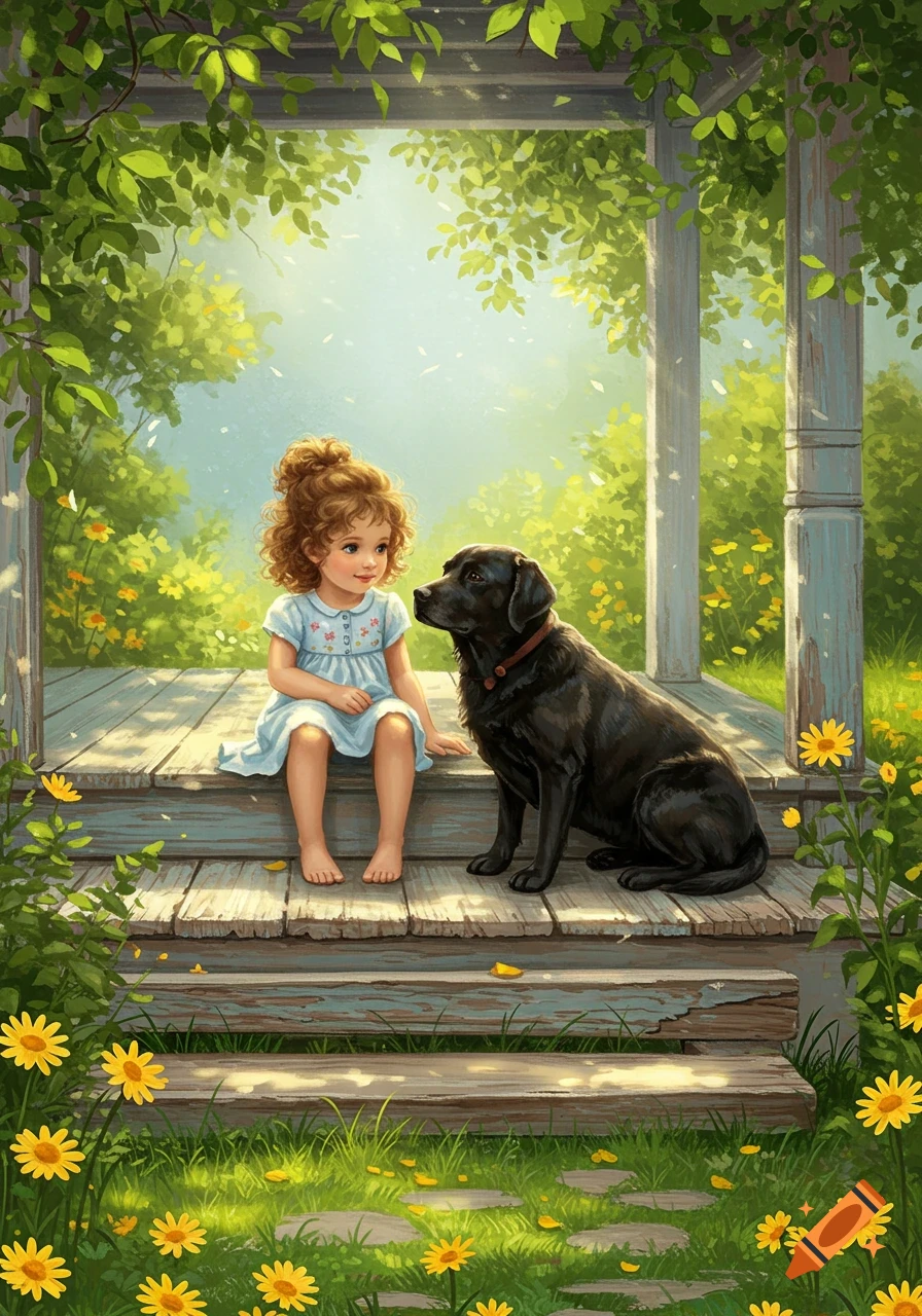 Illustrated little girl and black dog sitting on a rustic porch amidst green foliage and yellow flowers in sunlight.